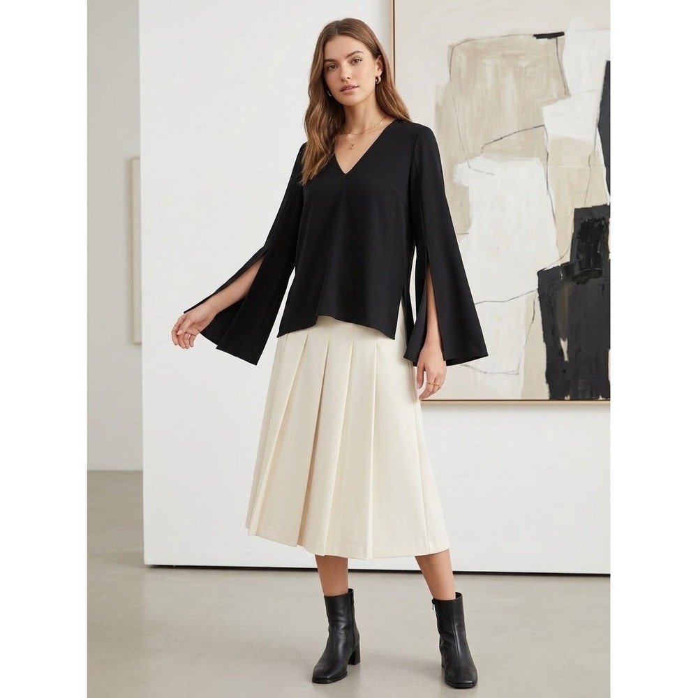 Topshop Black Split Bell Sleeve V-Neck Blouse Top 13D15MBLK US 10